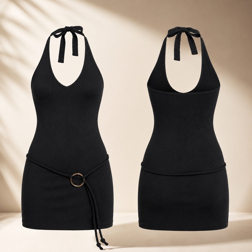 Frankies Bikinis Dolly Knit Mini Dress Women XL Black Halter O-Ring New LBD Y2K‎